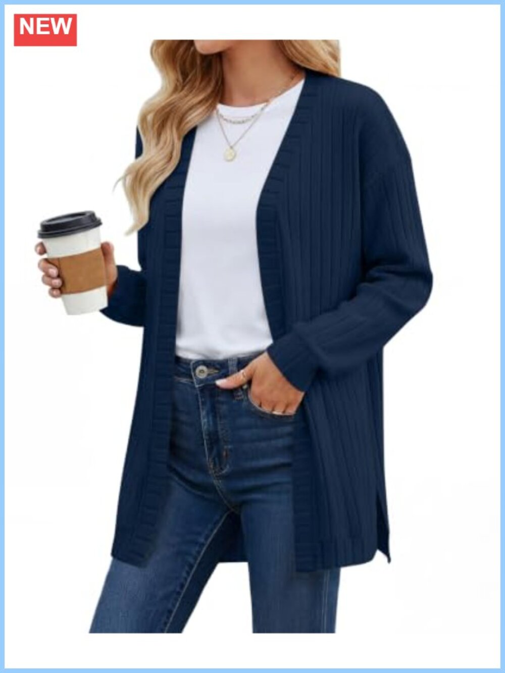 Lightweight Long Open Front Cardigan Sweater Side Slits Ribbed Knit